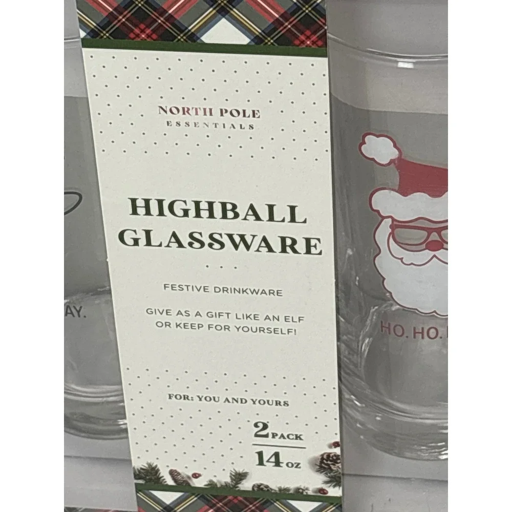 North Pole Essentials Christmas Highball Glasses 2 Pack 14oz Santa Reindeer New